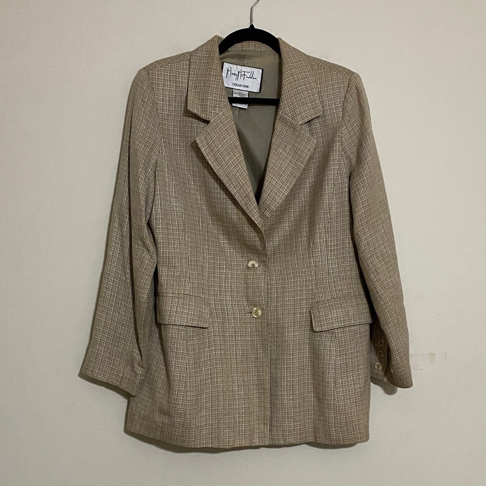 Mary Mc Fidden Women's Beige Checkered Blazer linen 10 event office retro casual